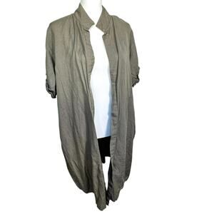 CAMILLE & CO Womens Small Green Linen Open Cover Up Work Shirt Pockets Lagenlook